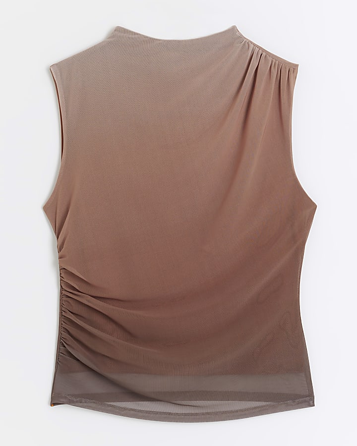 Brown mesh ombre ruched top
