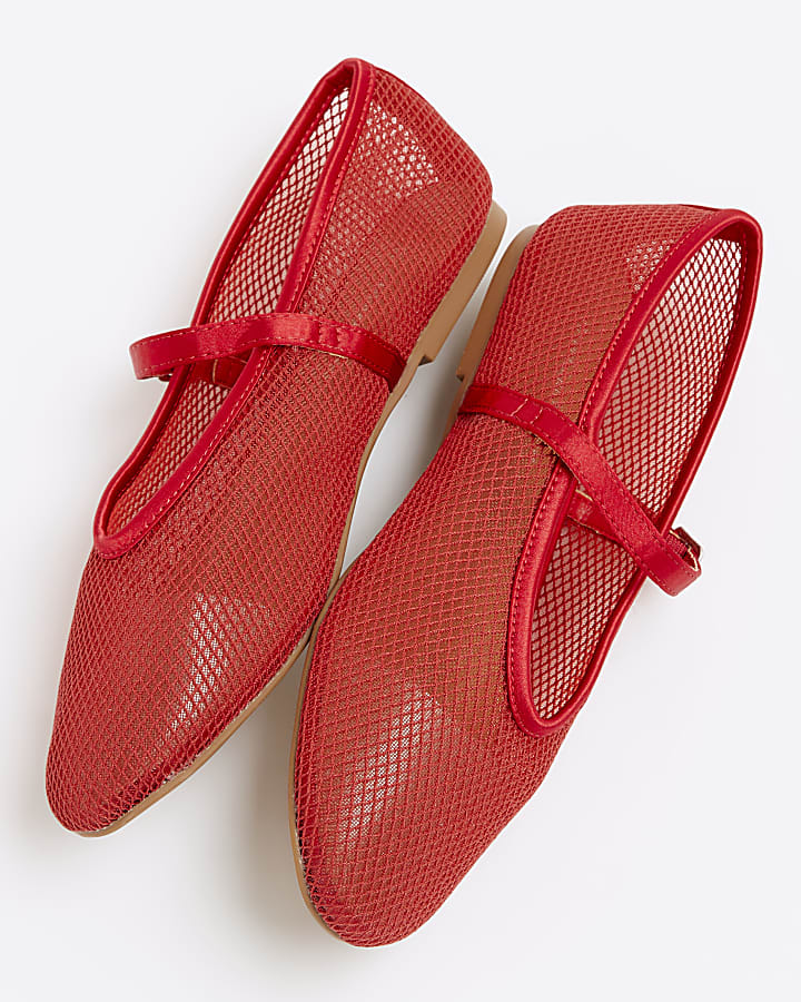 Red mesh mary jane ballet pumps