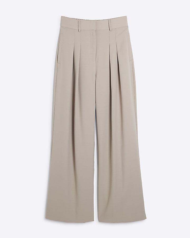 Beige Pleated Wide Leg Trousers