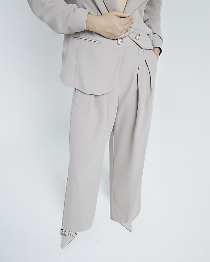 Beige Pleated Wide Leg Trousers