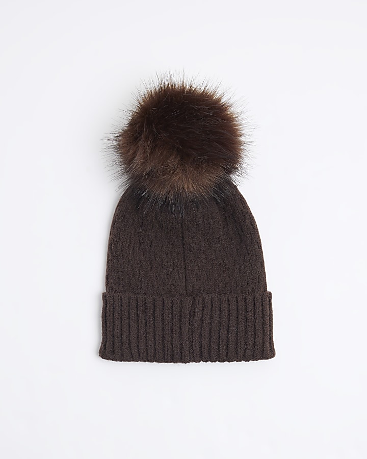 Brown pom pom cable knit beanie hat