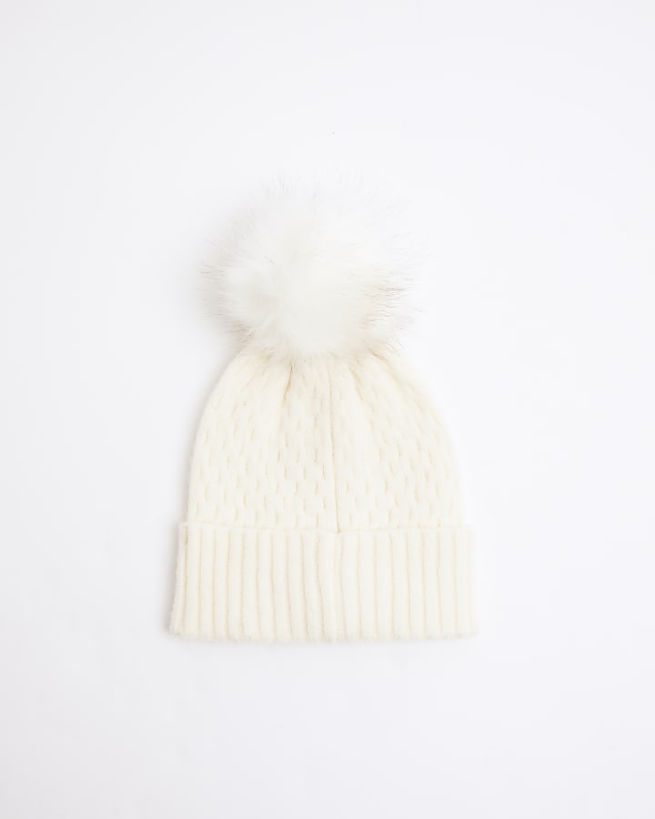 Cream pom pom cable knit beanie hat