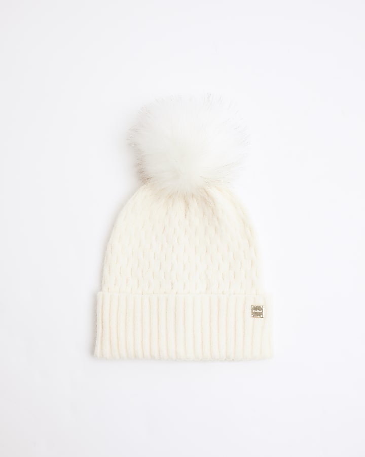 Cream pom pom cable knit beanie hat