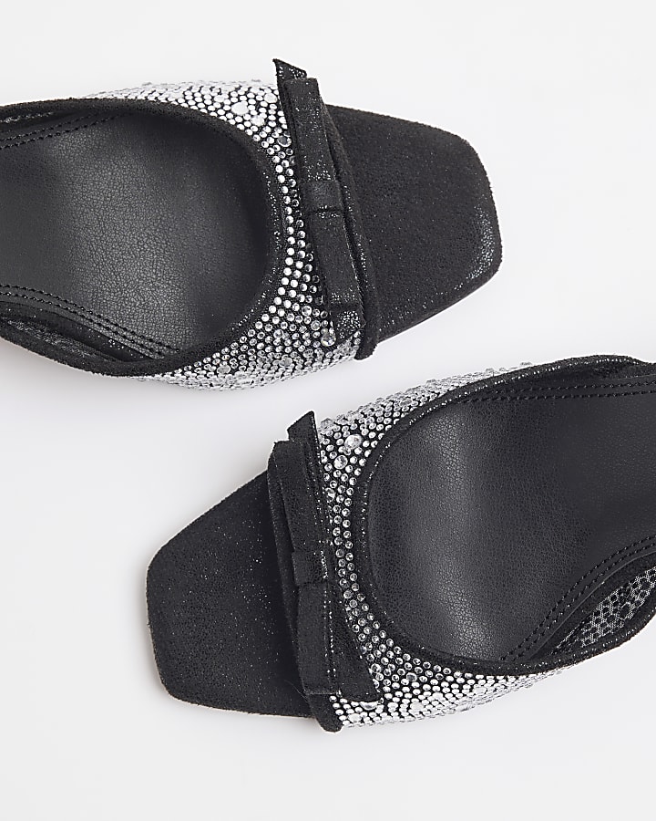 Black Embellished Mini Bow Kitten Heel Mules