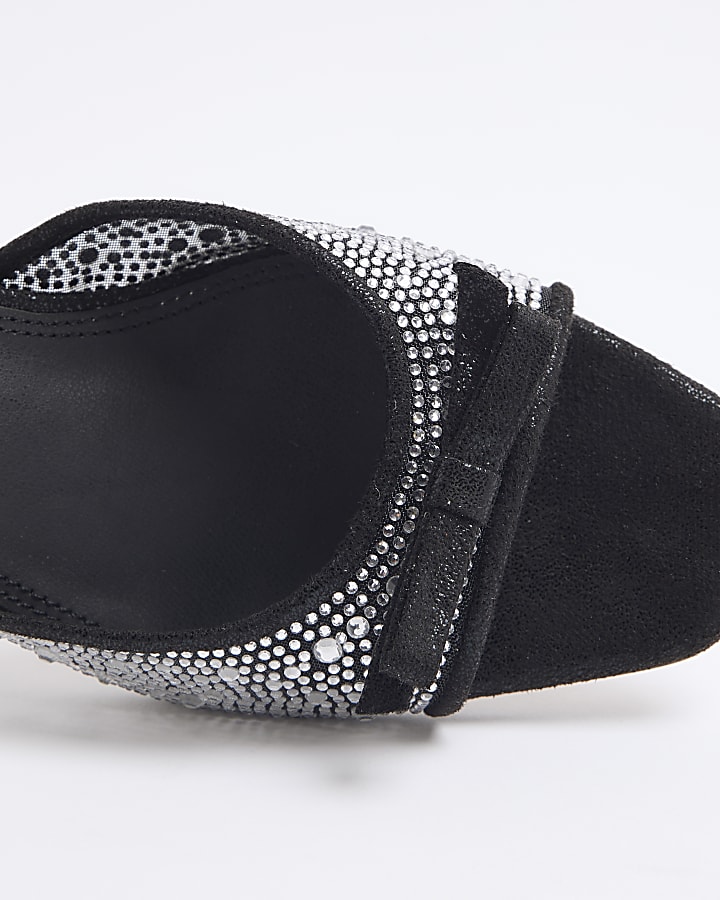 Black Embellished Mini Bow Kitten Heel Mules