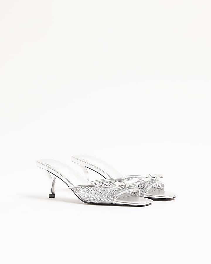 Silver Embellished Mini Bow Kitten Heel Mules