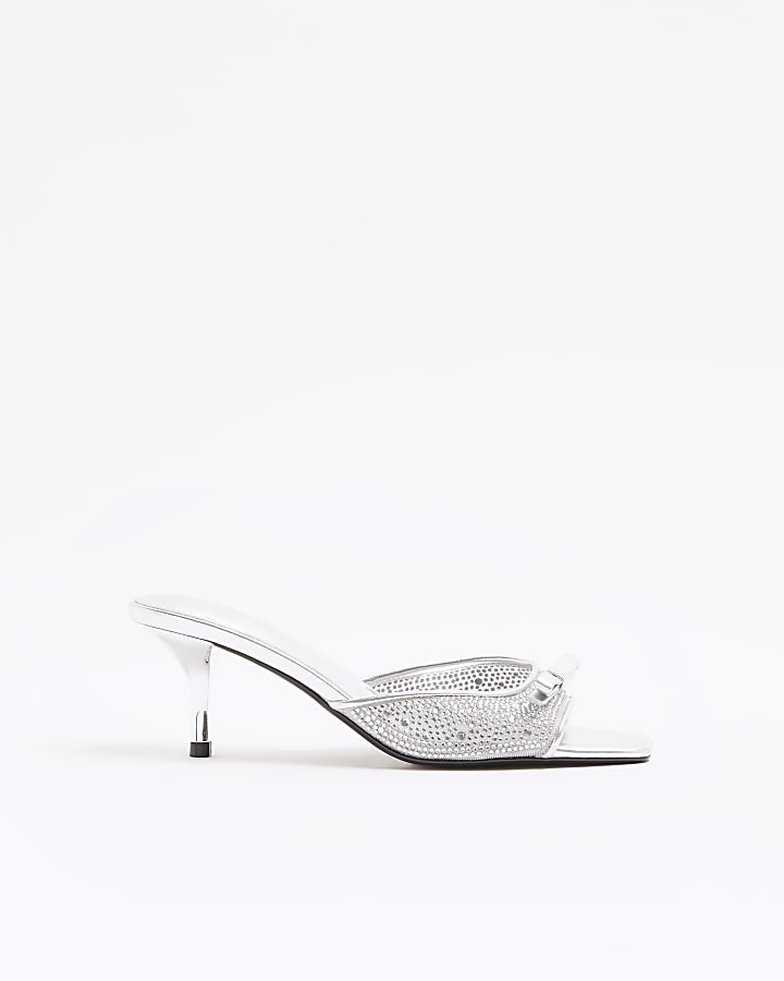 Silver Embellished Mini Bow Kitten Heel Mules