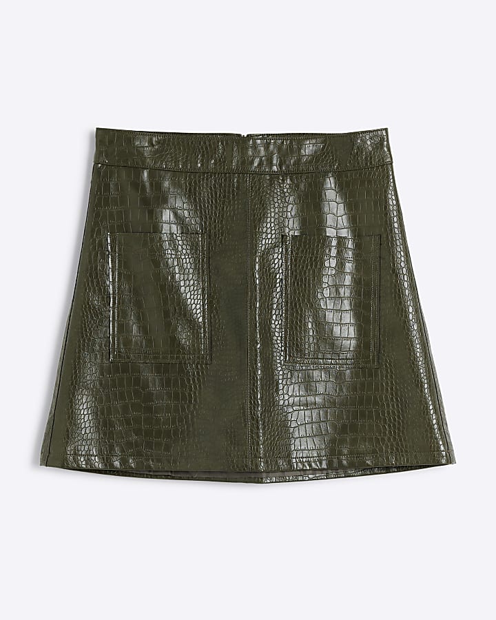 Green faux leather croc embossed mini skirt