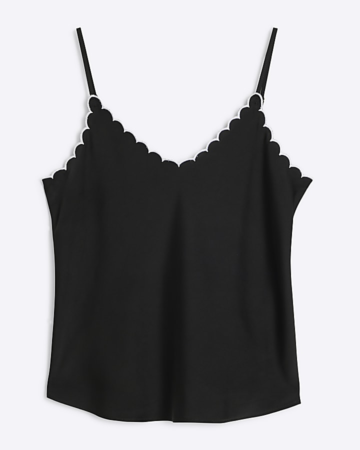 Black Contrast Scallop Hem Cami Top