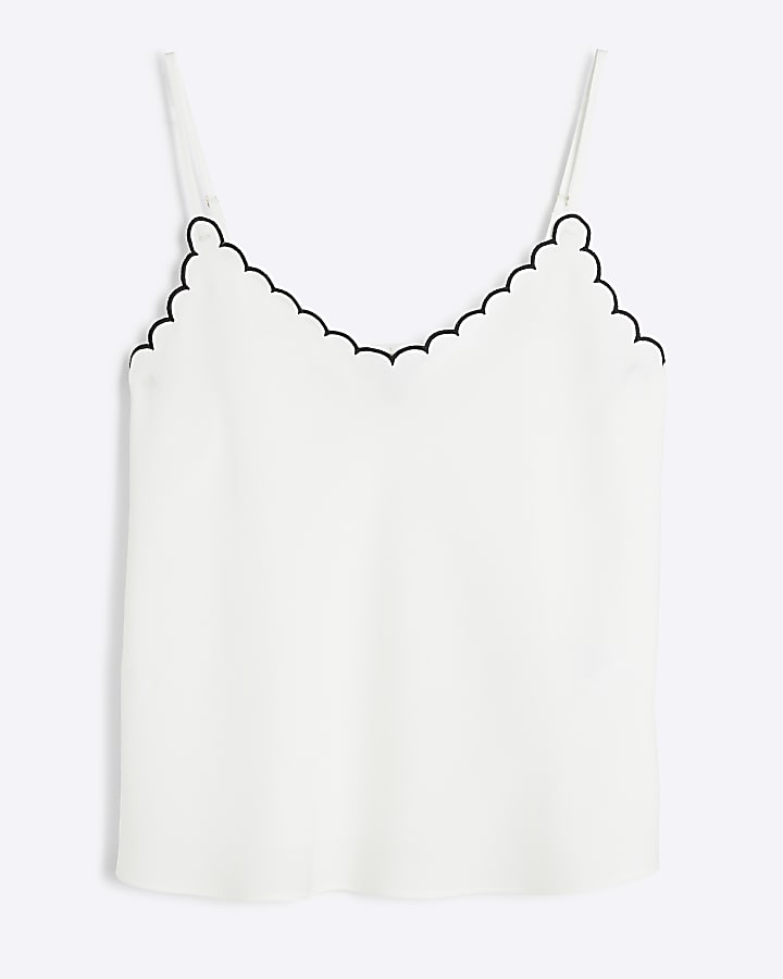 White Contrast Scallop Hem Cami Top