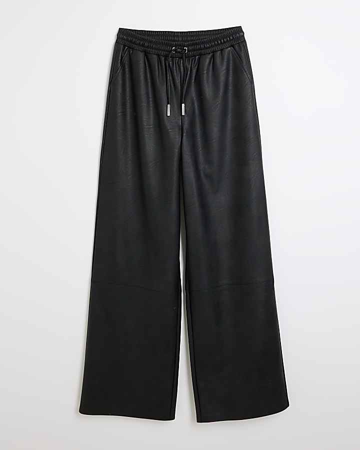 Petite black faux leather wide leg trousers