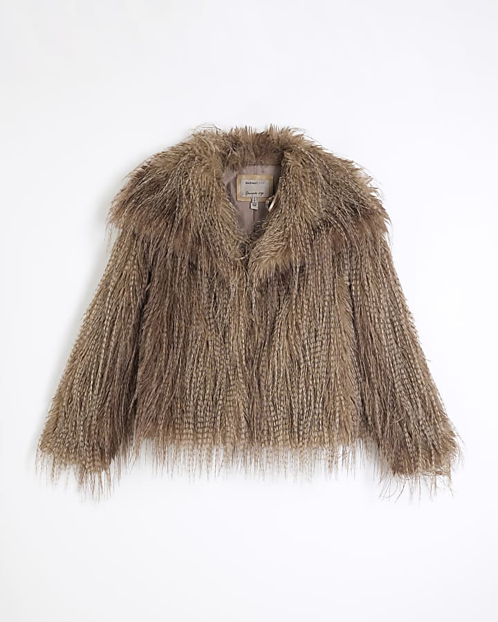 Brown Faux Feather Fur Coat