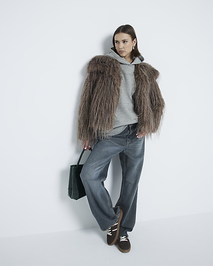 Brown Faux Feather Fur Coat
