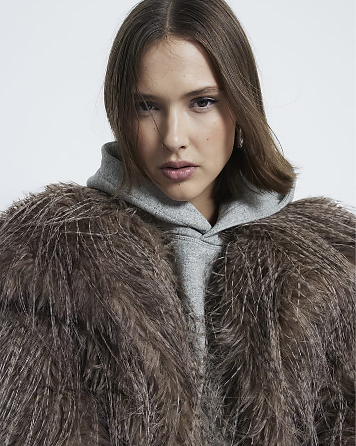 Brown Faux Feather Fur Coat