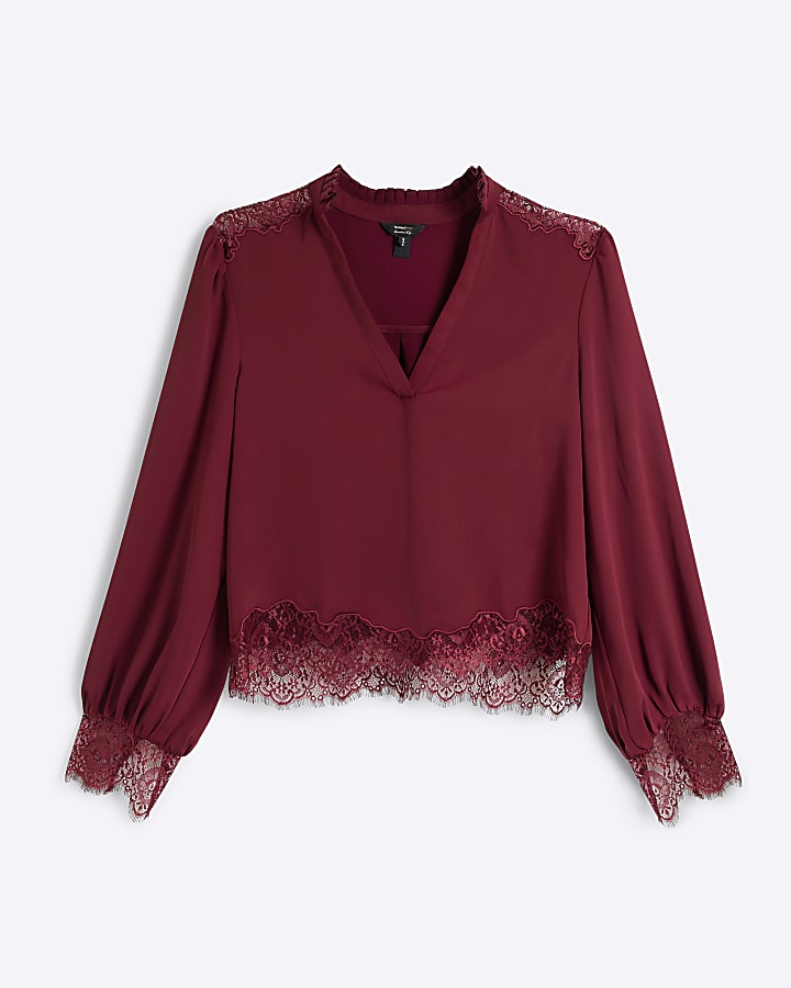 Petite red long sleeve lace insert blouse