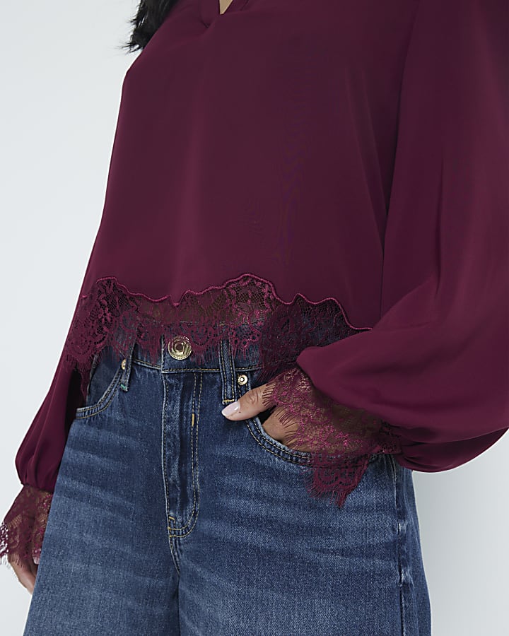 Petite red long sleeve lace insert blouse