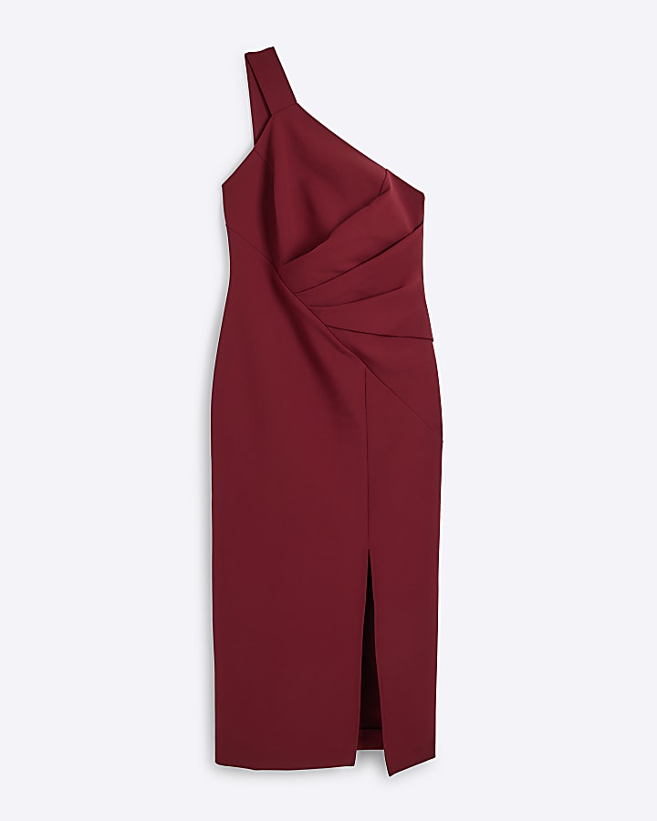 Red one shoulder drape bodycon midi dress