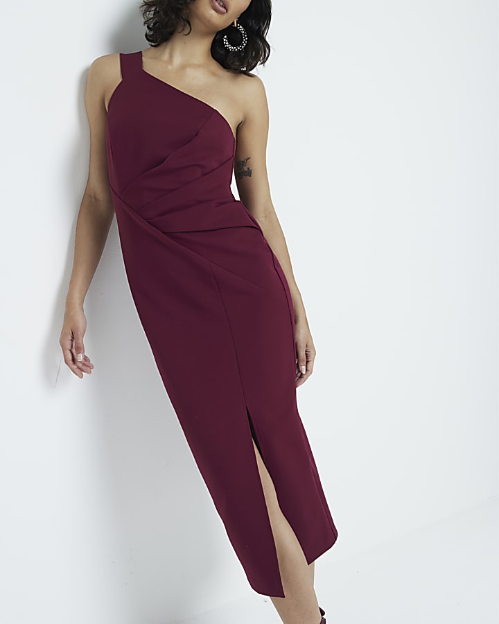 Red one shoulder drape bodycon midi dress