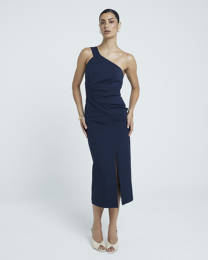 Navy one shoulder bodycon midi dress