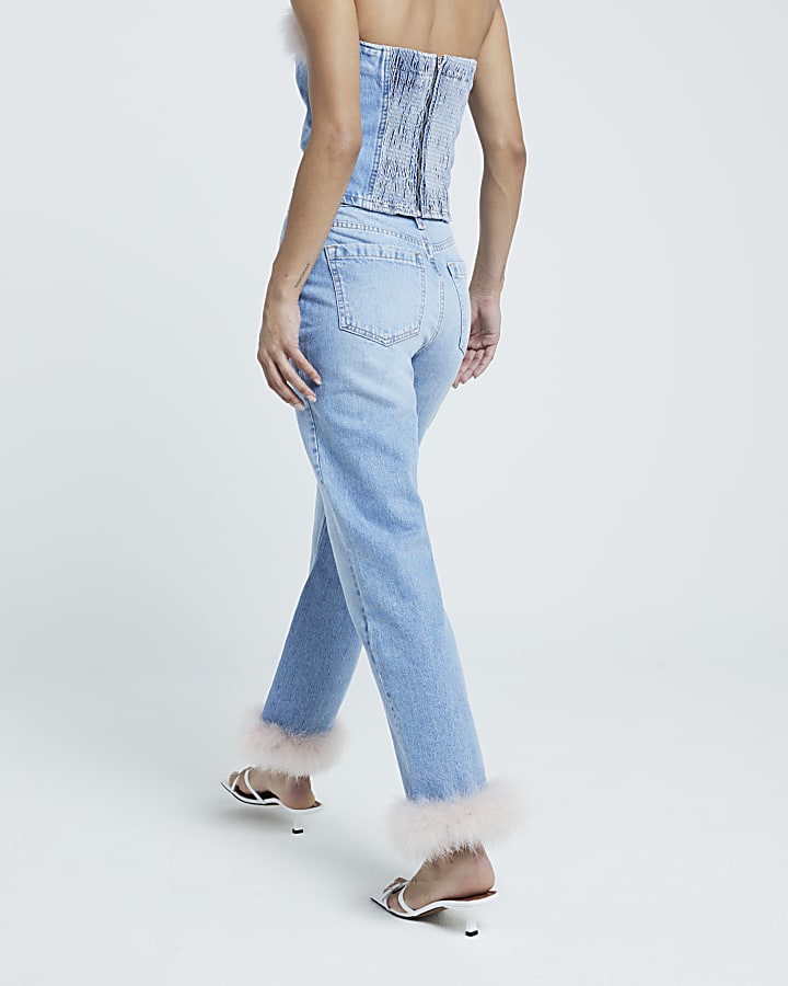 Blue Srove Pipe Straight Crop Feather Jeans