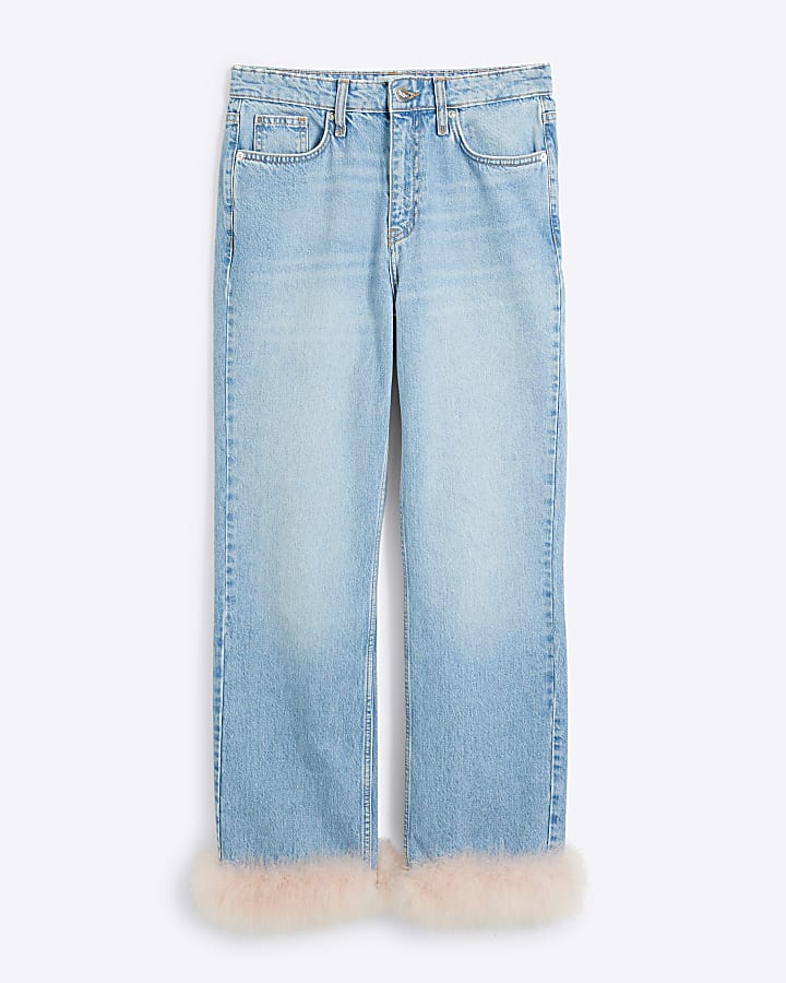 Blue Srove Pipe Straight Crop Feather Jeans