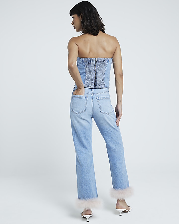 Blue Srove Pipe Straight Crop Feather Jeans