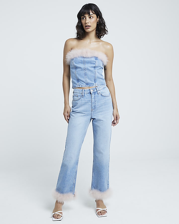 Blue Srove Pipe Straight Crop Feather Jeans