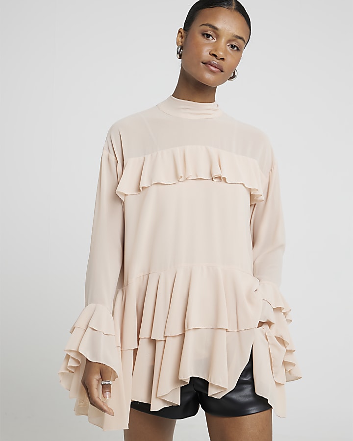 Pink chiffon frill blouse