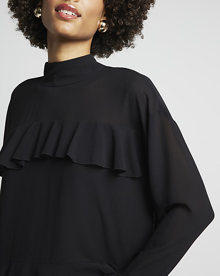 Black chiffon frill blouse