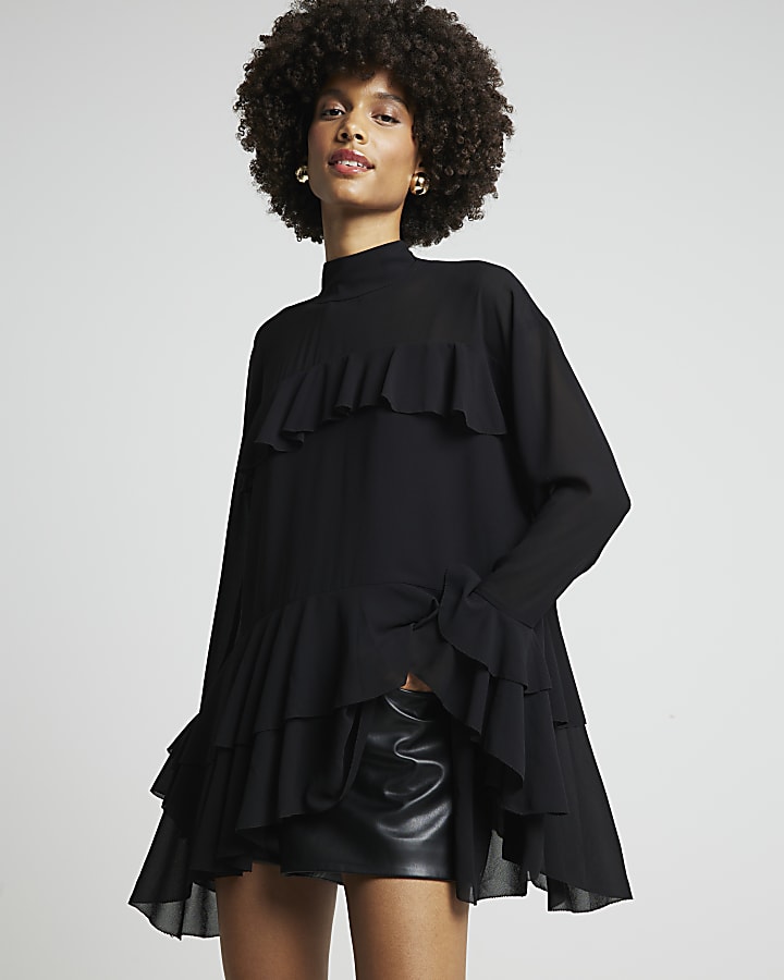 Black chiffon frill blouse