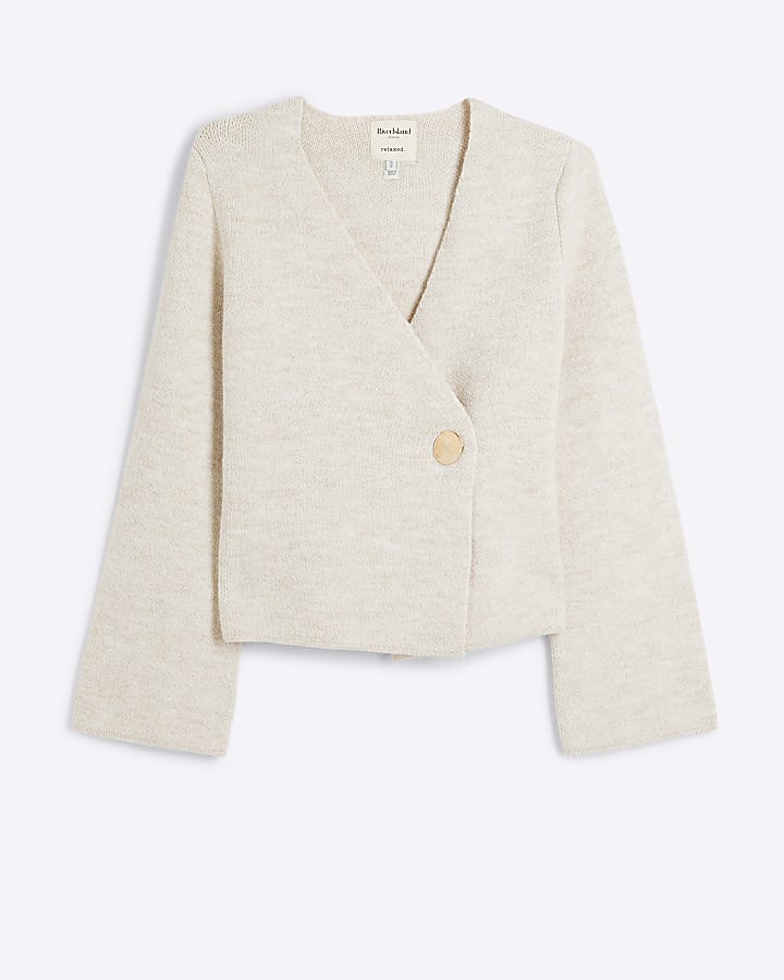 Beige Asymmetric Button up Cardigan