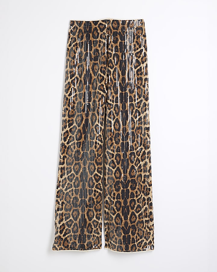 Brown leopard print sequin trousers