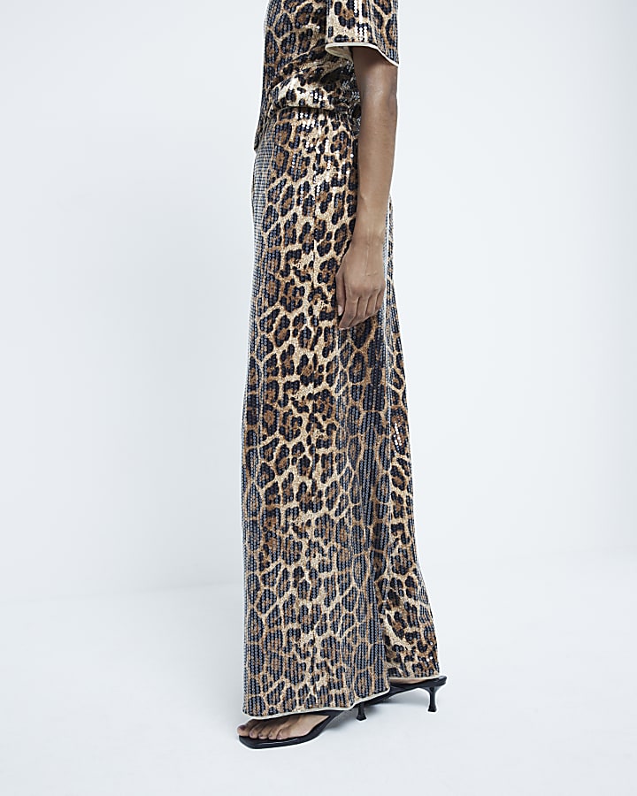 Brown leopard print sequin trousers