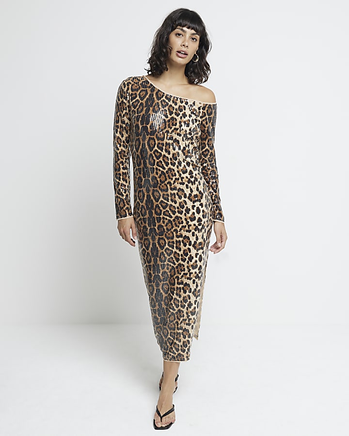 Brown Leopard Sequin Midi dress