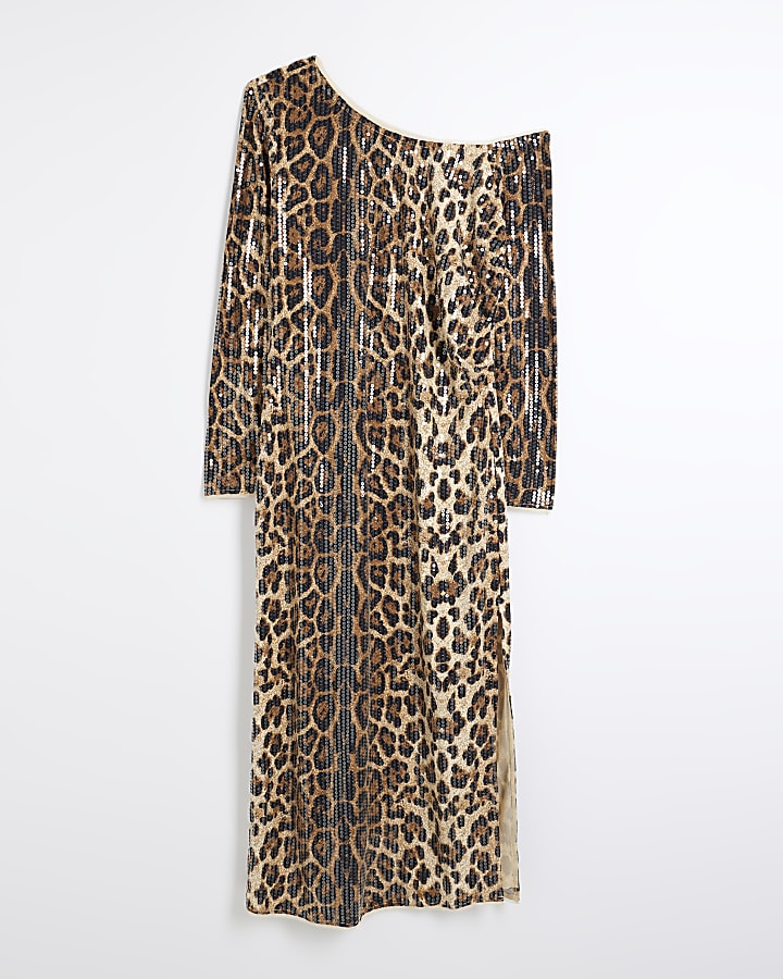 Brown Leopard Sequin Midi dress