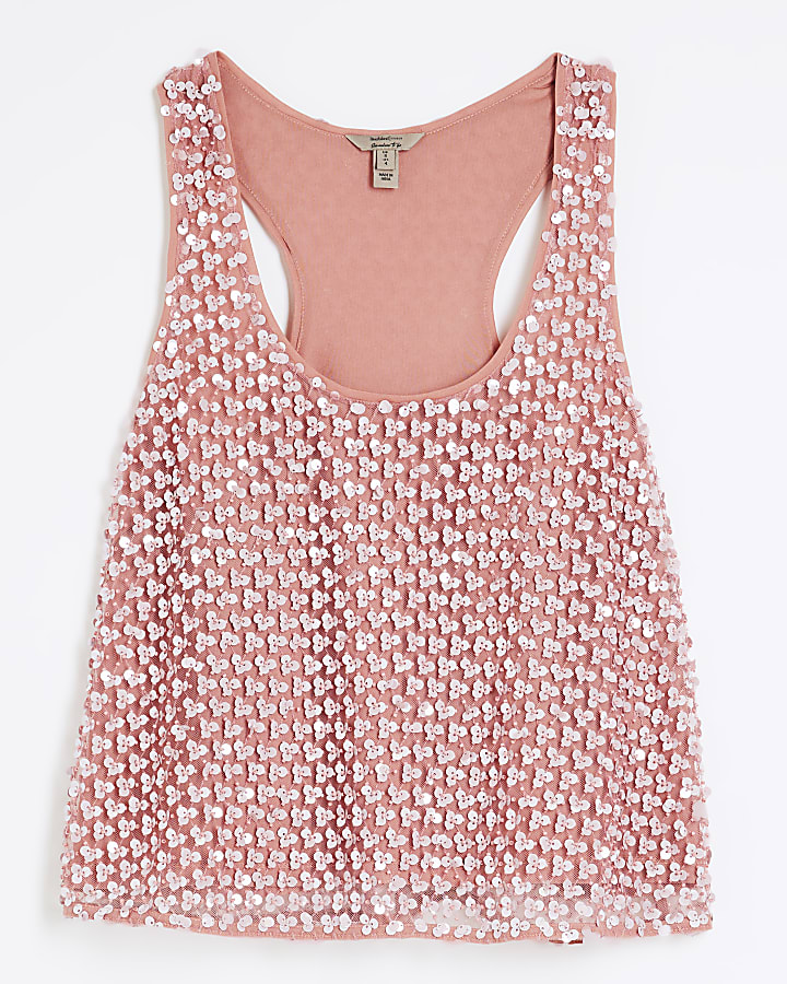 Pink Sleeveless Sequin Tank Top