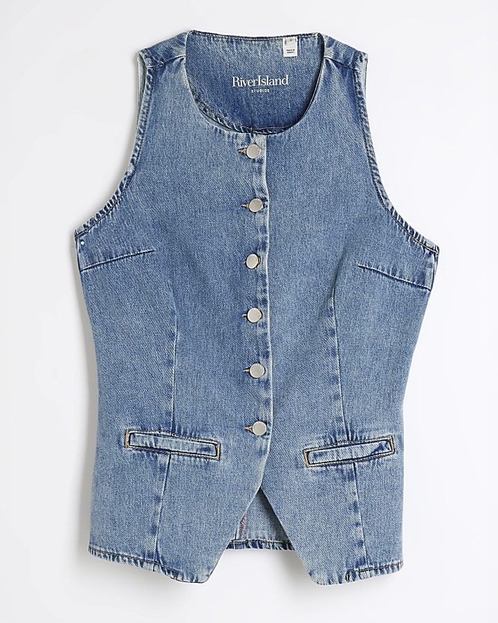 Blue High Neck Denim Waistcoat