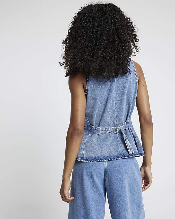 Blue High Neck Denim Waistcoat