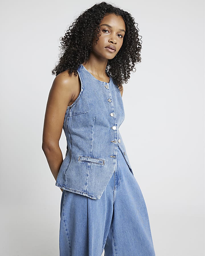 Blue High Neck Denim Waistcoat