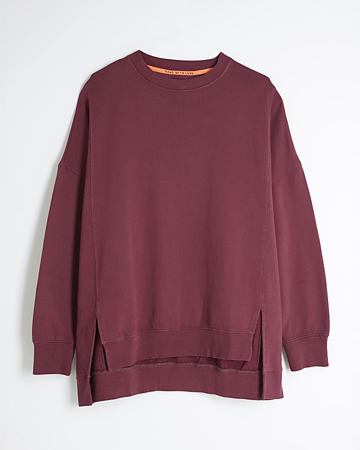 Red Long Sleeve Split Front Sweatshirt