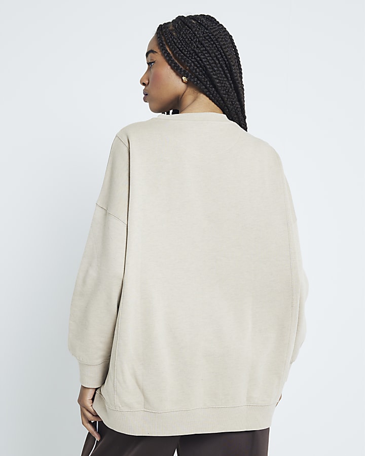 Beige Long Sleeve Split Front Sweatshirt