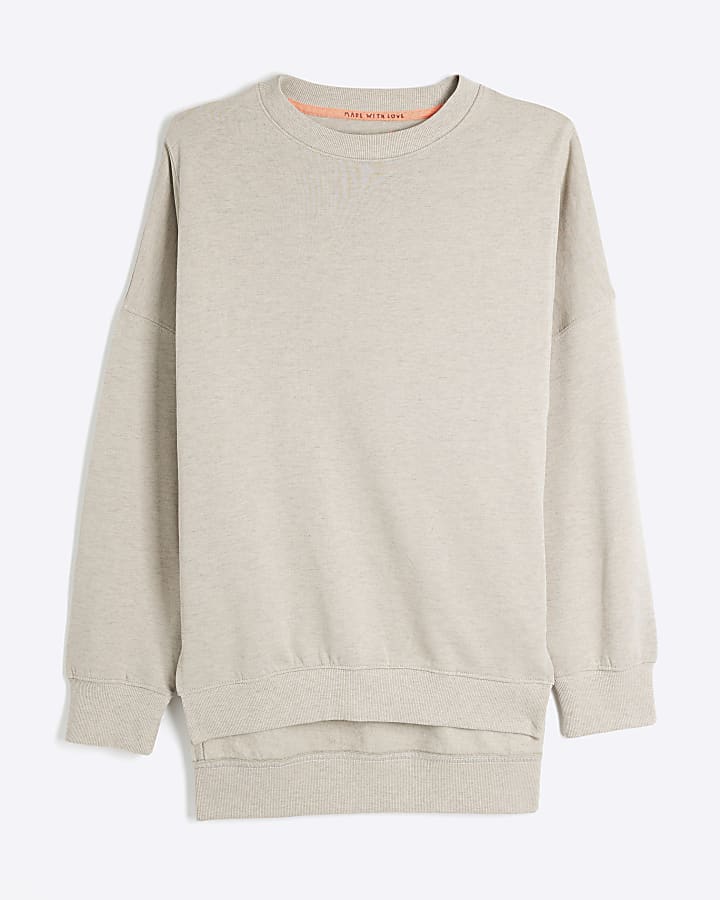 Beige Long Sleeve Split Front Sweatshirt