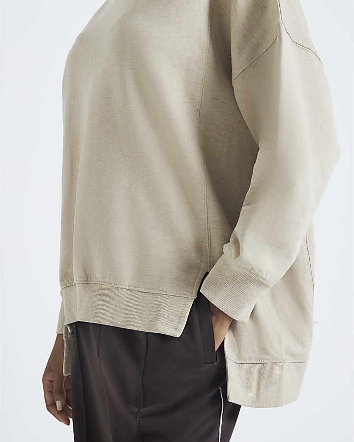 Beige Long Sleeve Split Front Sweatshirt