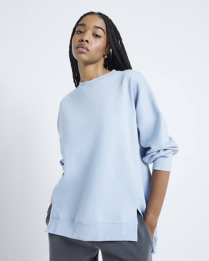 Blue Long Sleeve Split Front Sweatshirt