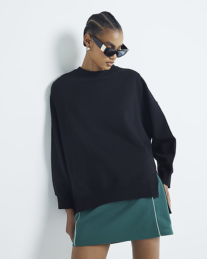 Black Long Sleeved Split Front Sweatshirt