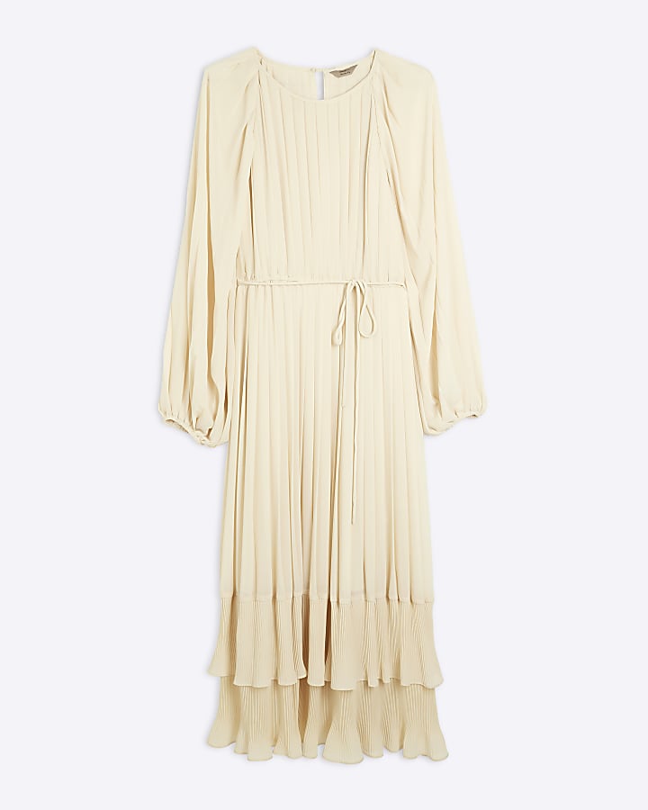 Cream Long Sleeved Pleated Midi Dress