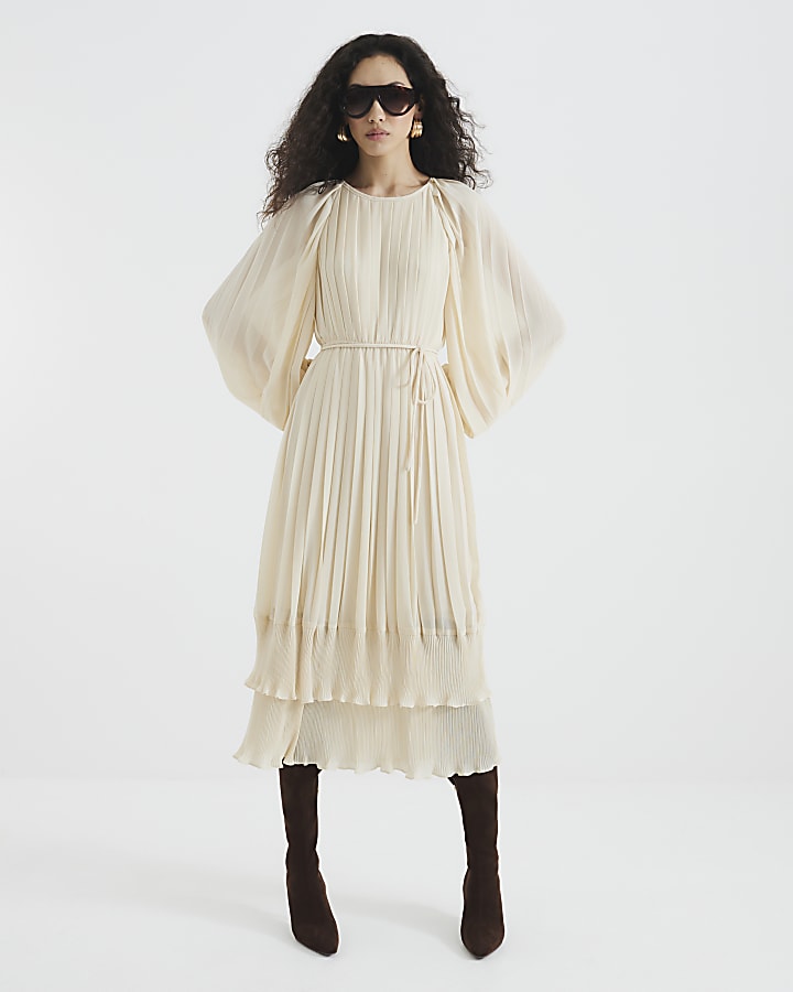 Cream Long Sleeved Pleated Midi Dress