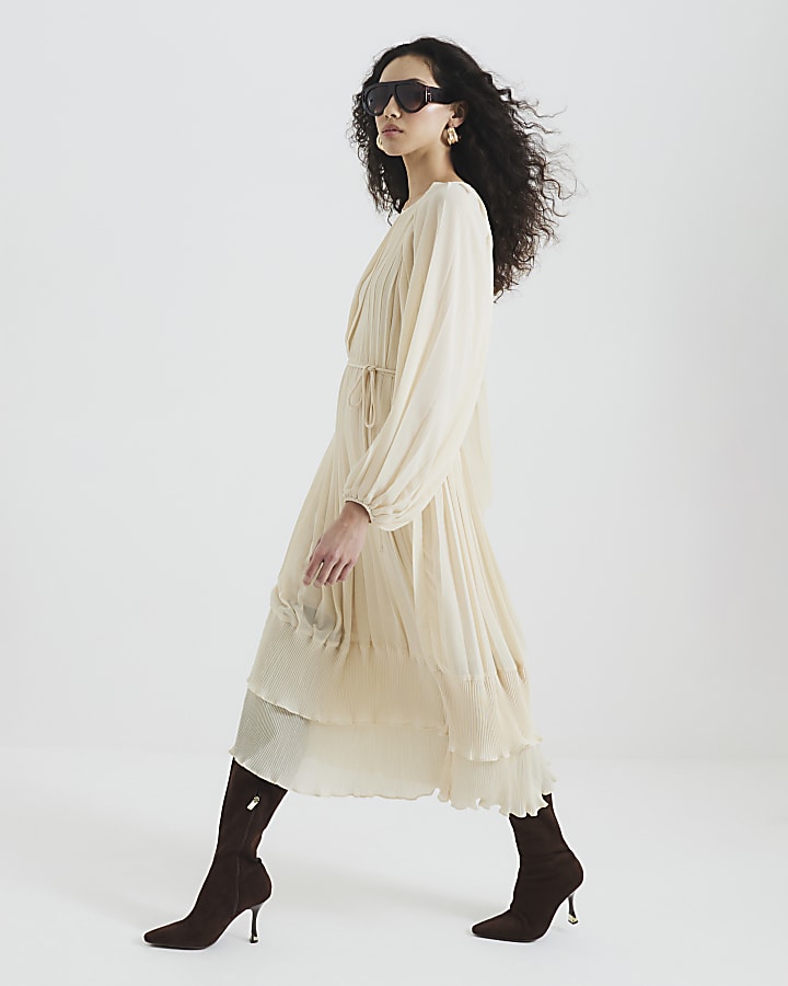 Cream Long Sleeved Pleated Midi Dress