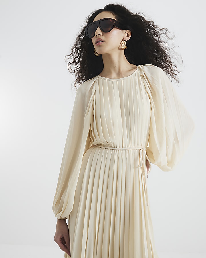 Cream Long Sleeved Pleated Midi Dress