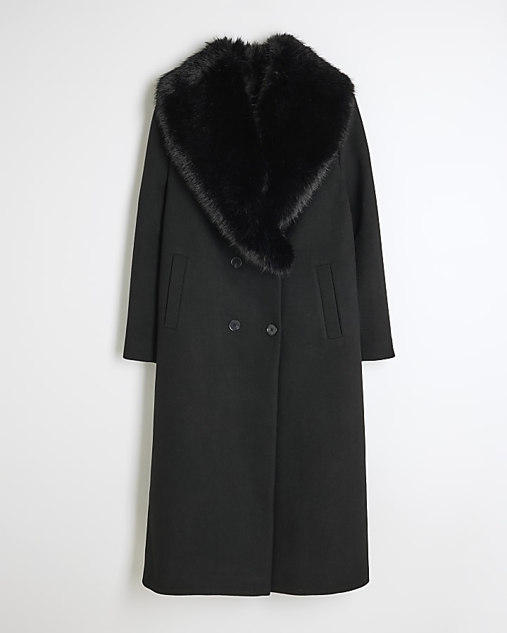 Petite Black Faux Fur Collar Coat